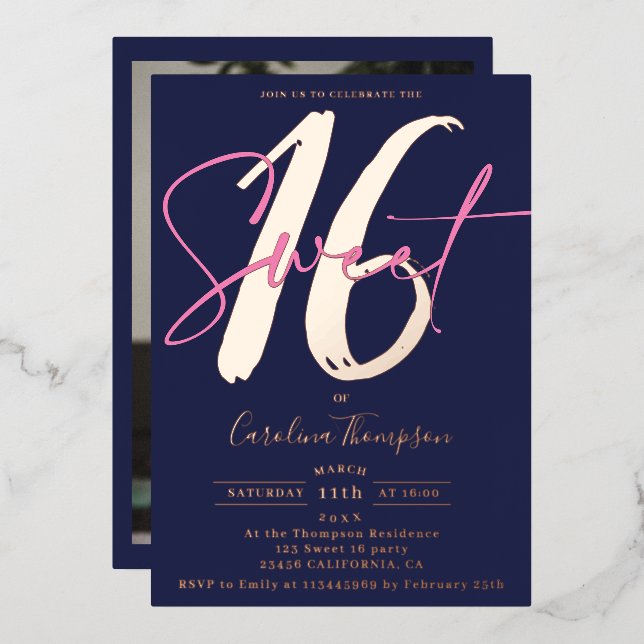 Modern script navy blue photo Sweet 16 rose gold (Front/Back)