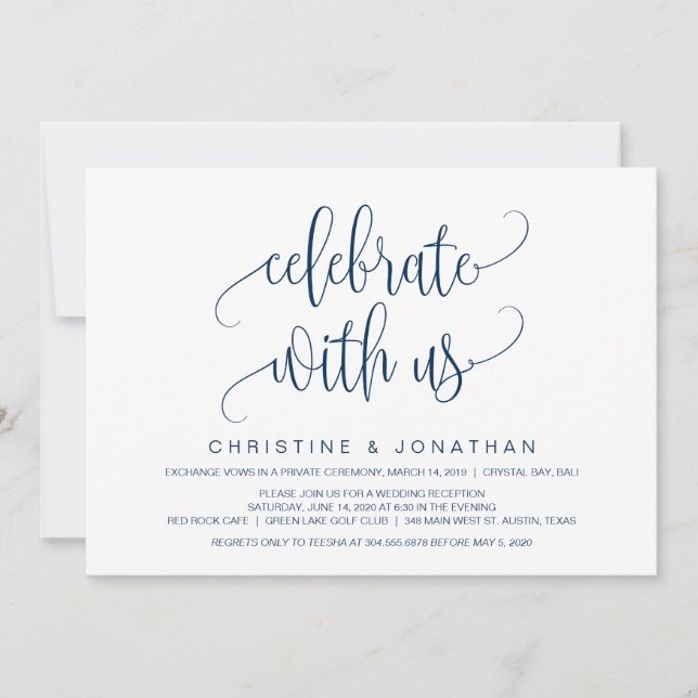 Modern Script, Navy Blue, Wedding Elopement Invitation (Front)