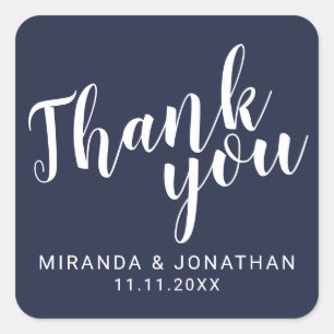 Modern Script Navy Blue Wedding Favour Thank You Square Sticker