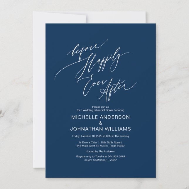 Modern Script, Navy Blue, Wedding Rehearsal Dinner Invitation (Front)