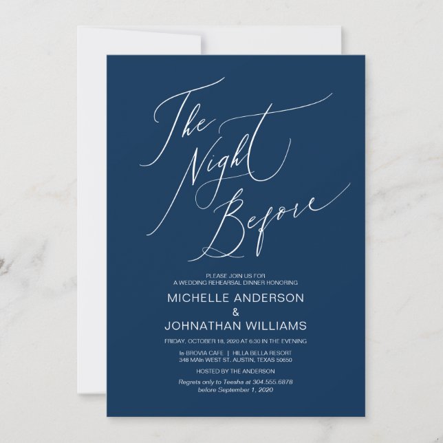 Modern Script, Navy Blue, Wedding Rehearsal Dinner Invitation (Front)