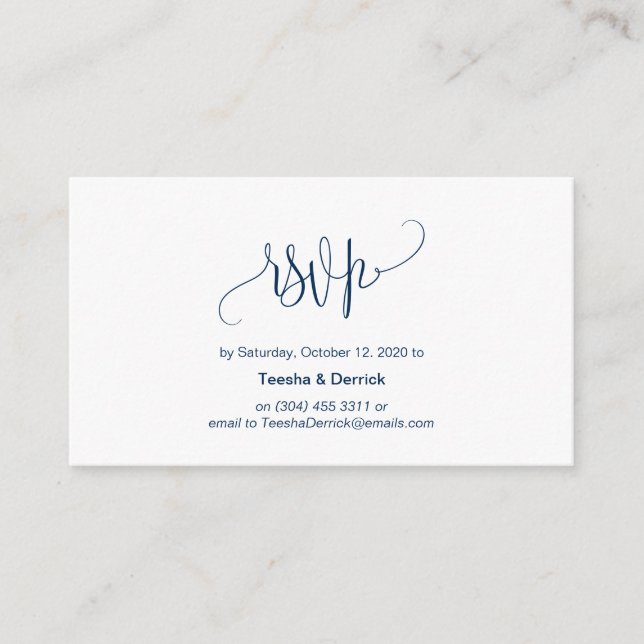 Modern Script, Navy Blue, Wedding RSVP Enclosure Card (Front)