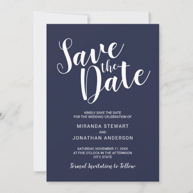 Modern Script Navy Blue Wedding Save the Date (Front)