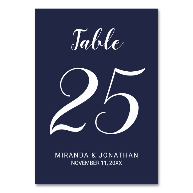 Modern Script Navy Blue Wedding Table Number (Front)