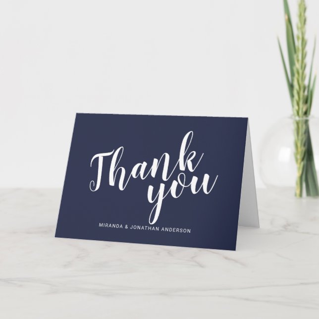 Modern Script Navy Blue Wedding Thank You Card (Front)