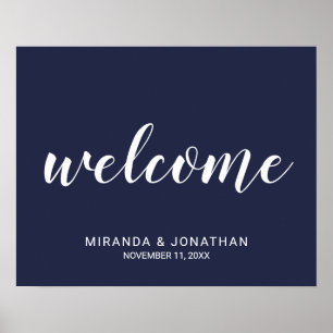 Modern Script Navy Blue Wedding Welcome Sign
