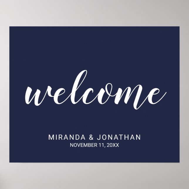 Modern Script Navy Blue Wedding Welcome Sign (Front)