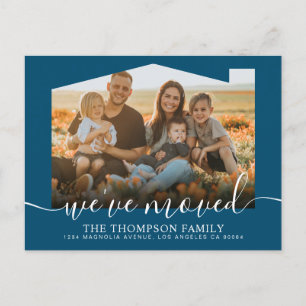 Modern Script Navy Blue We've Moved Photo Moving Announcement Postcard