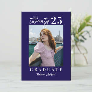 Modern Script Navy Photo Graduation Party Invitation