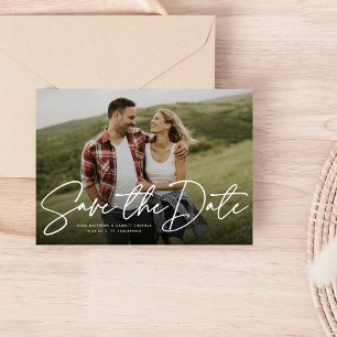 Modern script navy save the date photo card