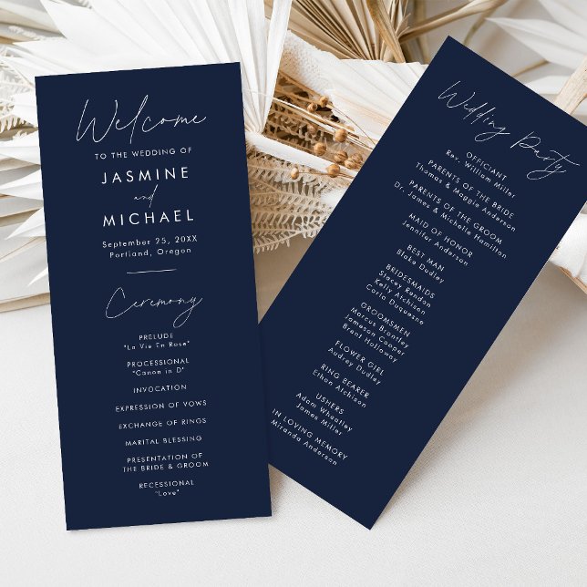 Modern Script Navy Wedding Program (Creator Uploaded)