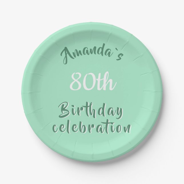 Modern Script Neo Mint 80th Birthday Party Paper Plate (Front)