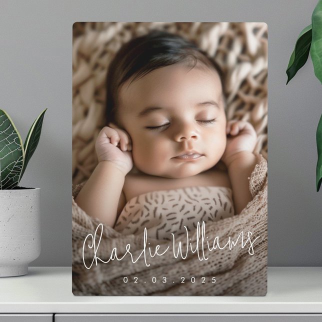 Modern script new baby name date photo  plaque (Modern script new baby name date photo plaque)