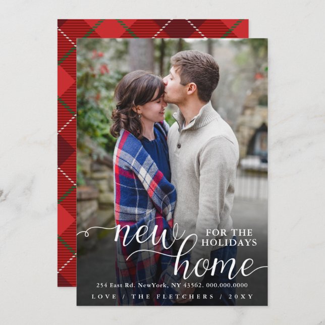 Modern Script New Home for Holidays Photo Moving H Holiday Card (Front/Back)