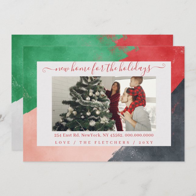 Modern Script New Home for Holidays Photo Moving Holiday Card (Front/Back)