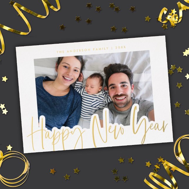 Modern Script New Year Photo White Gold Foil Holiday Card (Creator Uploaded)