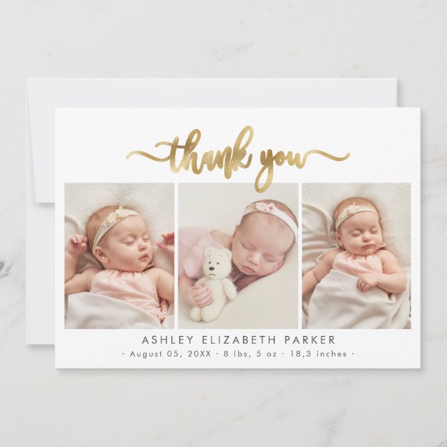 Modern Script Newborn Baby 3 Photo Thank You Card (Front)