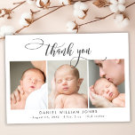 Modern Script Newborn Baby 3 Photo Thank You Card<br><div class="desc">Modern Chic Elegant Calligraphy Script 3 Photo Collage Newborn Baby Thank You Birth Announcement Card. Features a beautiful "thank you" text in a handwritten typography or calligraphy swash tail font script. Great for baby boy or baby girl. Pre-made personal message and birth statistics with baby's name are included in black...</div>