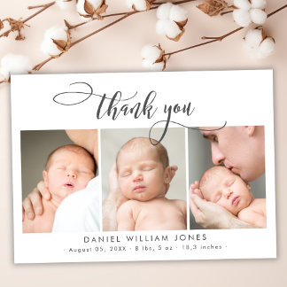 Modern Script Newborn Baby 3 Photo Thank You Card