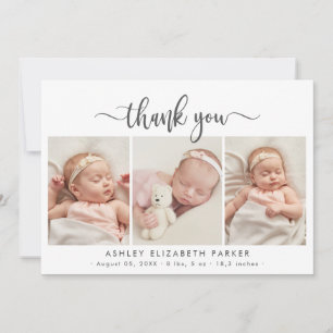 Modern Script Newborn Baby 3 Photo Thank You Card