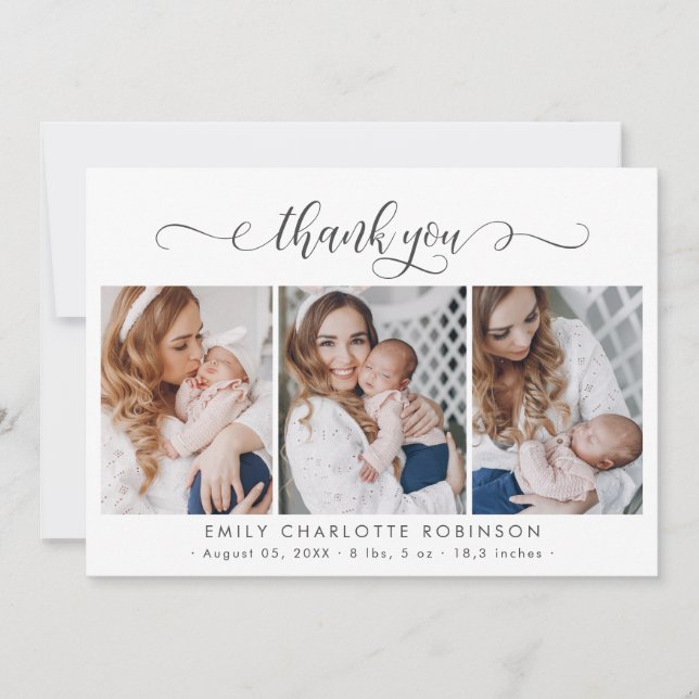 Modern Script Newborn Baby 3 Photo Thank You Card (Front)