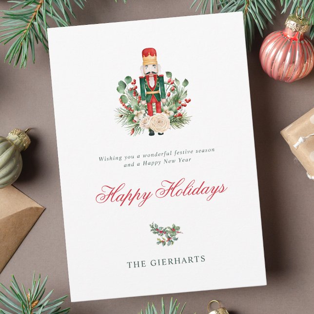 Modern Script Nutcracker Happy Holidays Holiday Card (Happy Holidays Nutcracker Christmas Greenery Greetings )