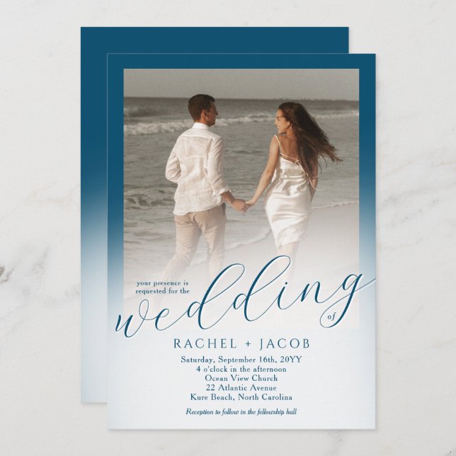 Modern Script Ocean Blue Ombre Photo Wedding Invitation (Front/Back)