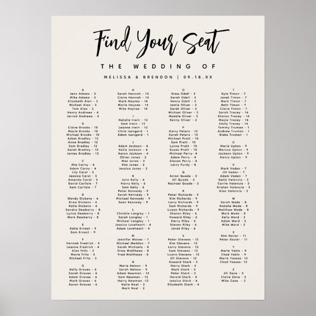 Modern Script Off-White Alphabetical Seating Chart (Front)