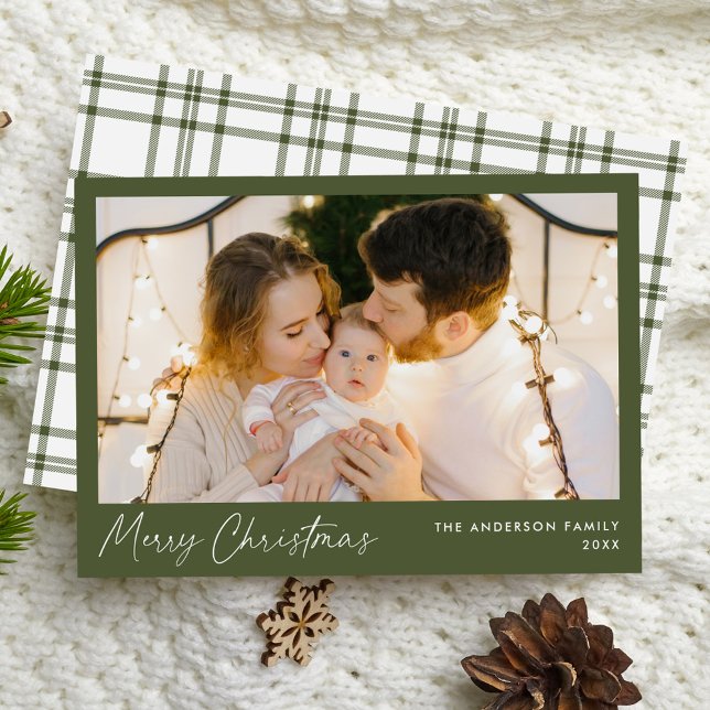 Modern Script Olive Green Merry Christmas Photo Holiday Card (Creator Uploaded)