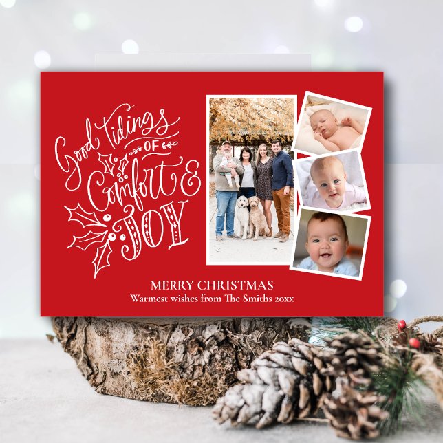Modern Script on Red Good Tidings of Comfort & Joy Holiday Card (Creator Uploaded)