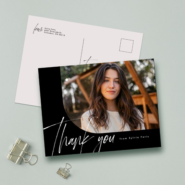 Modern script one photo black graduation thank you postcard (Creator Uploaded)