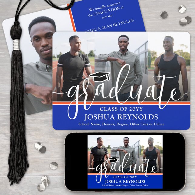 Modern Script Orange and Blue 4 Photo Graduation Announcement (Creator Uploaded)