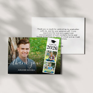 Modern Script Overlay 3 Photo Graduation Thank You Card