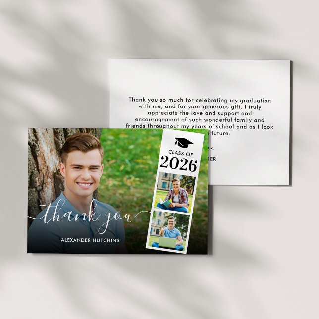 Modern Script Overlay 3 Photo Graduation Thank You Card (Creator Uploaded)