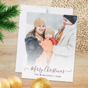 Modern Script Overlay Custom Photo Merry Christmas Holiday Card
