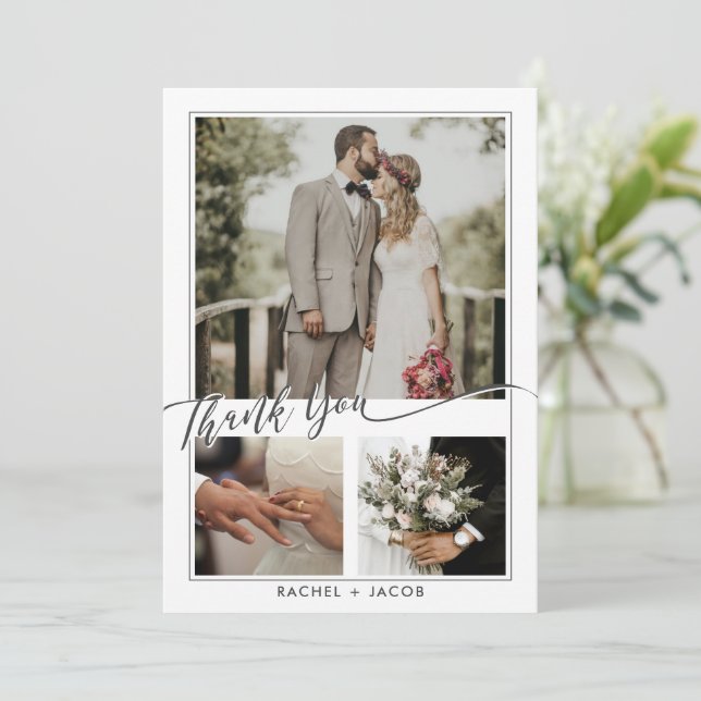 Modern Script Overlay Photo Collage Wedding Thank  Thank You Card (Standing Front)