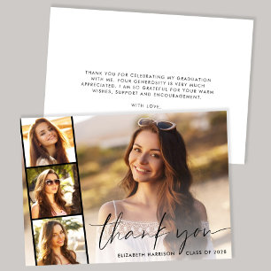 Modern Script Overlay Photo Strip Graduation Thank You Card