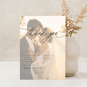 Modern Script Overlay Photo Wedding Thank You Card