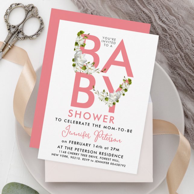 Modern Script Pastel Pink Baby Shower Floral Invitation (Creator Uploaded)