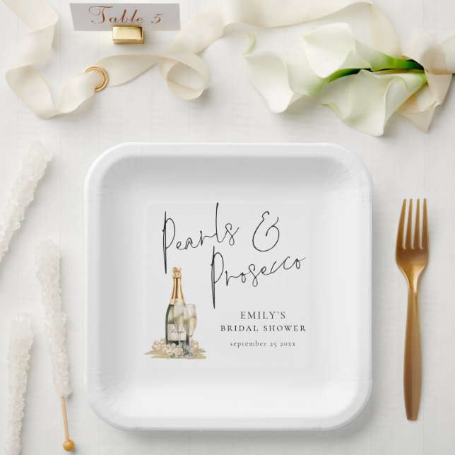 Modern Script Pearls and Prosecco Bridal Shower Paper Plate (Wedding)