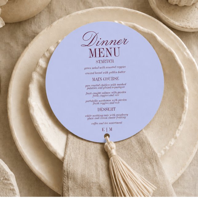 Modern Script Periwinkle and Plum Formal Wedding Menu (Modern Script Periwinkle and Plum Formal Wedding Menu)