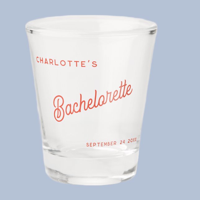 Modern Script Personalised Bachelorette Party Shot Glass (Modern script typography personalized name date bachelorette party shot glass)