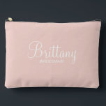Modern Script Personalised Bridesmaid Accessory Pouch<br><div class="desc">Personalised Bridesmaid Gifts
featuring personalised bridesmaid's name in white modern script font style with title and wedding date in modern sans serif font style on blush pink background.

Also perfect for maid of honour,  mother of the bride,  flower girl and more.</div>