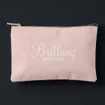 Modern Script Personalised Bridesmaid Accessory Pouch<br><div class="desc">Personalised Bridesmaid Gifts
featuring personalised bridesmaid's name in white modern script font style with title and wedding date in modern sans serif font style on blush pink background.

Also perfect for maid of honour,  mother of the bride,  flower girl and more.</div>