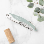 Modern Script Personalised Bridesmaid Corkscrew<br><div class="desc">Personalised Bridesmaid Gifts
featuring personalised bridesmaid's name in white script font style with title in modern sans serif font style on sage green background.

Also perfect for maid of honour,  mother of the bride and more.</div>