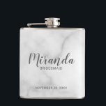 Modern Script Personalised Bridesmaid Flask<br><div class="desc">Add a personal touch to your wedding with personalised bridesmaid flask. This flask features personalised bridesmaid's name in grey modern script font style with title and wedding date in grey modern sans serif font style on white marble background. Also perfect for maid of honour, mother of the bride and more....</div>