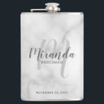 Modern Script Personalised Bridesmaid Flask<br><div class="desc">Add a personal touch to your wedding with personalised bridesmaid flask. This flask features personalised bridesmaid's name in grey modern script font style and monogram in light grey modern script font style as background with title and wedding date in grey modern sans serif font style on white marble background. Also...</div>