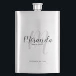 Modern Script Personalised Bridesmaid Hip Flask<br><div class="desc">Add a personal touch to your wedding with personalised bridesmaid flask. This flask features personalised bridesmaid's name in grey modern script font style and monogram in light grey modern script font style as background with title and wedding date in grey modern sans serif font style. Also perfect for maid of...</div>