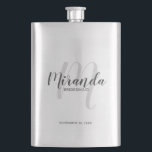 Modern Script Personalised Bridesmaid Hip Flask<br><div class="desc">Add a personal touch to your wedding with personalised bridesmaid flask. This flask features personalised bridesmaid's name in grey modern script font style and monogram in light grey modern script font style as background with title and wedding date in grey modern sans serif font style. Also perfect for maid of...</div>