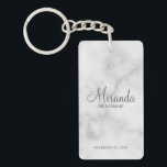 Modern Script Personalised Bridesmaid Key Ring<br><div class="desc">Add a personal touch to your wedding with personalised bridesmaid keychain. This keychain features personalised bridesmaid's name in grey modern script font style with title and wedding date in grey modern sans serif font style on white marble background. Also perfect for maid of honour, mother of the bride and more....</div>